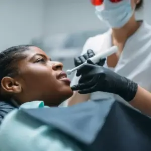 Dentist gently examining a calm patient during a dental visit at Aster Smiles in Cypress, TX