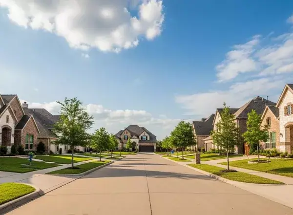 A quiet suburban street in the Elyson community of Cypress, TX, located near the AsterSmiles dental office.