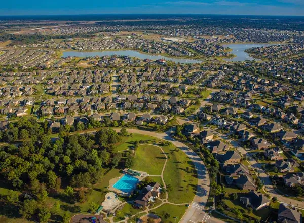 Aerial view of the Fairfield neighborhood in Cypress, TX, served by the AsterSmiles dental office.