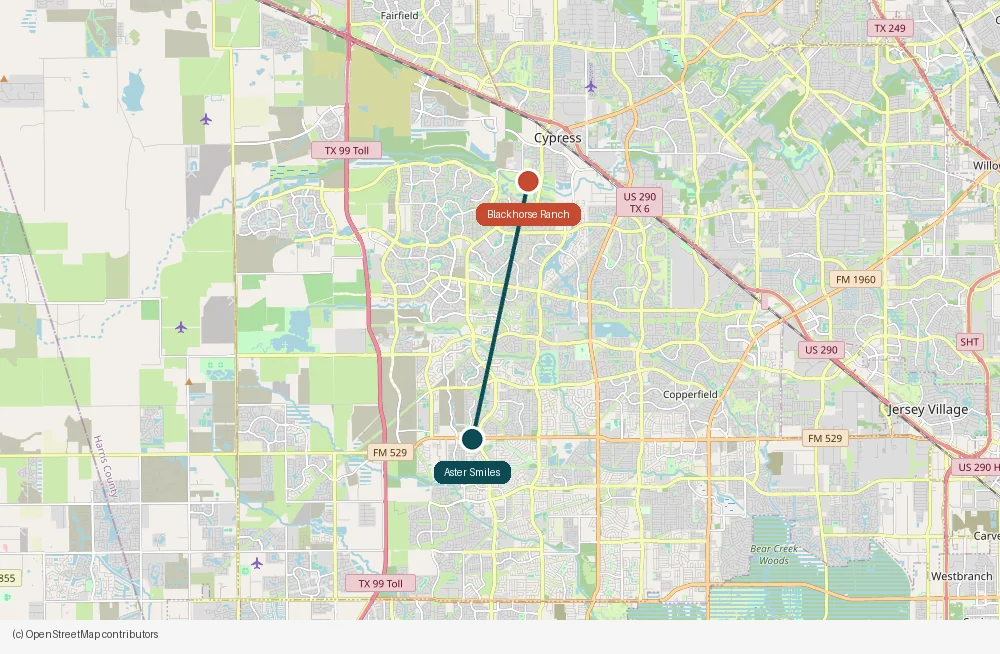 Map of the drive from Blackhorse Ranch to Aster Smiles in Cypress, TX
