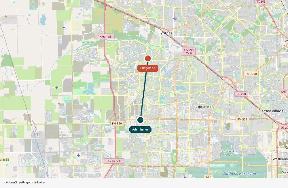Map of the drive from Bridgeland to Aster Smiles in Cypress, TX