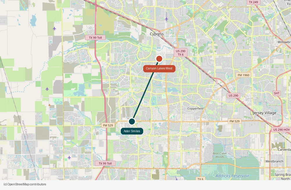 Map of the drive from Canyon Lakes West to Aster Smiles in Cypress, TX