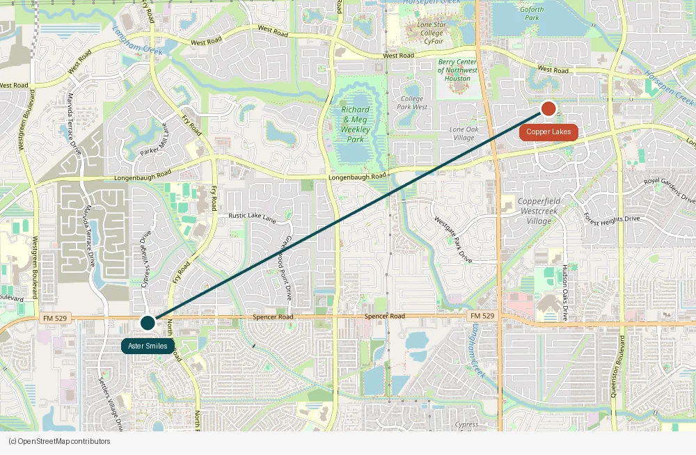Map of the drive from Copper Lakes to Aster Smiles in Cypress, TX