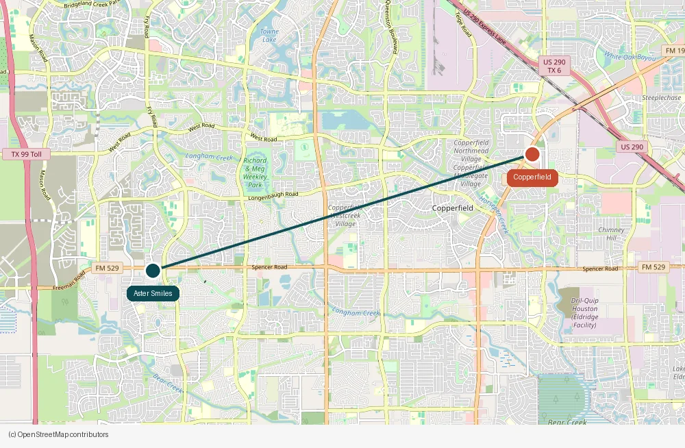 Map of the drive from Copperfield to Aster Smiles in Cypress, TX