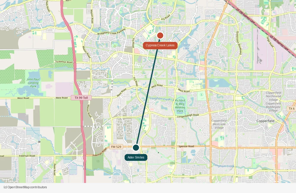 Map of the drive from Cypress Creek Lakes to Aster Smiles in Cypress, TX