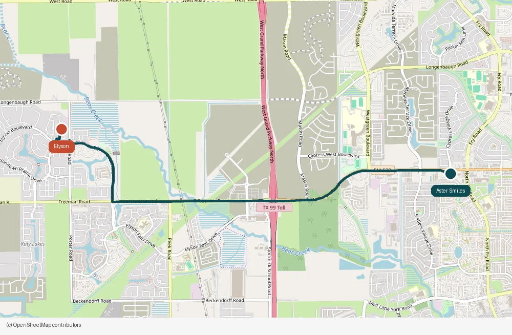 Map of the drive from Elyson to Aster Smiles in Cypress, TX