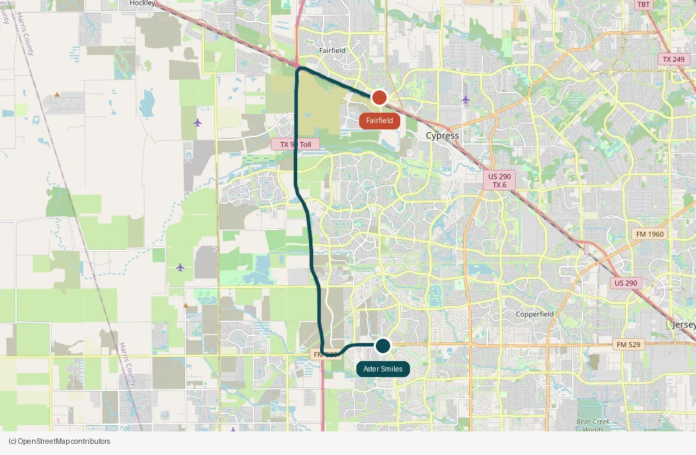 Map of the drive from Fairfield to Aster Smiles in Cypress, TX