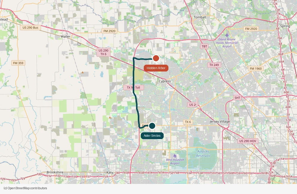 Map of the drive from Hidden Arbor to Aster Smiles in Cypress, TX