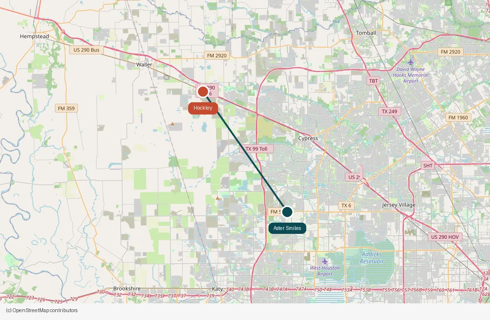 Map of the drive from Hockley to Aster Smiles in Cypress, TX