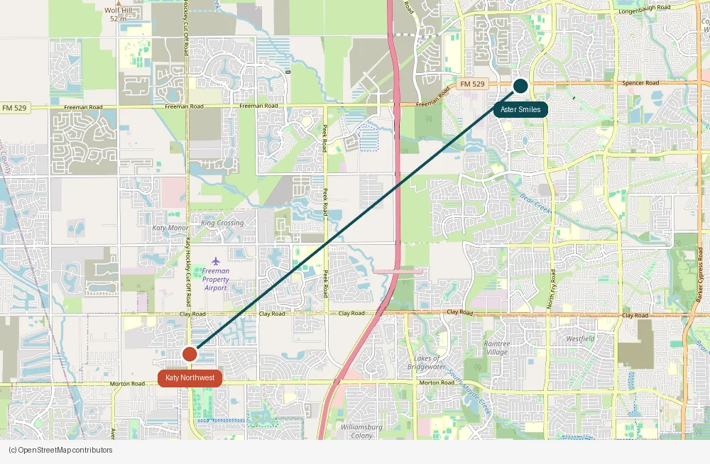 Map of the drive from Katy Northwest to Aster Smiles in Cypress, TX