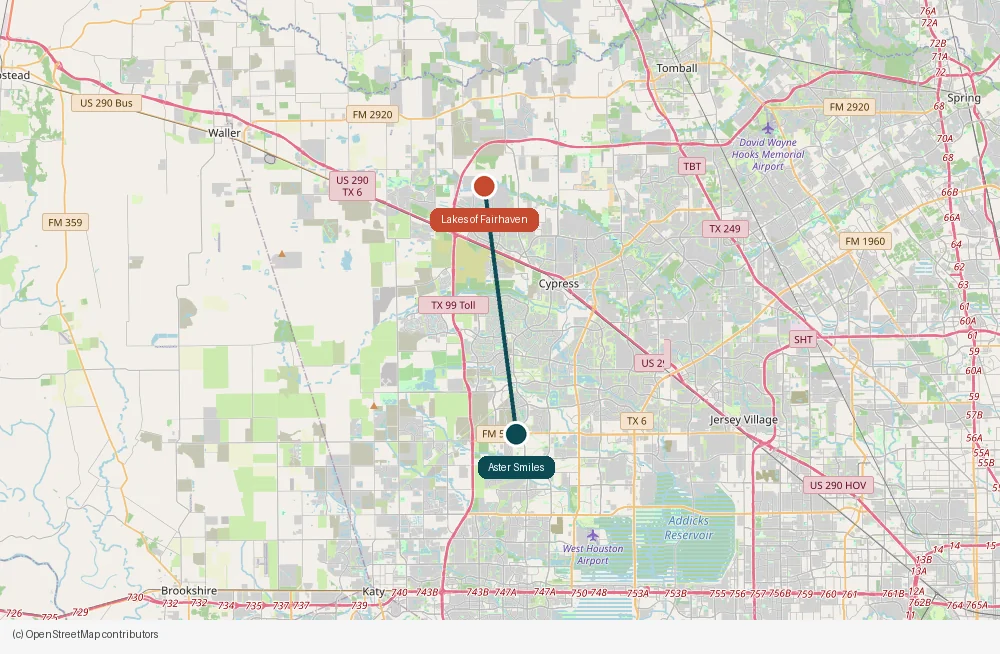 Map of the drive from Lakes of Fairhaven to Aster Smiles in Cypress, TX
