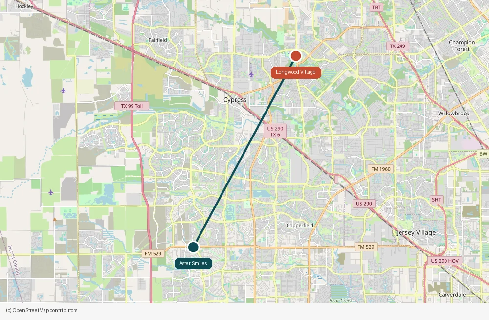 Map of the drive from Longwood Village to Aster Smiles in Cypress, TX