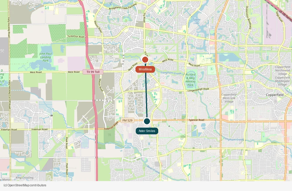 Map of the drive from MiraMesa to Aster Smiles in Cypress, TX