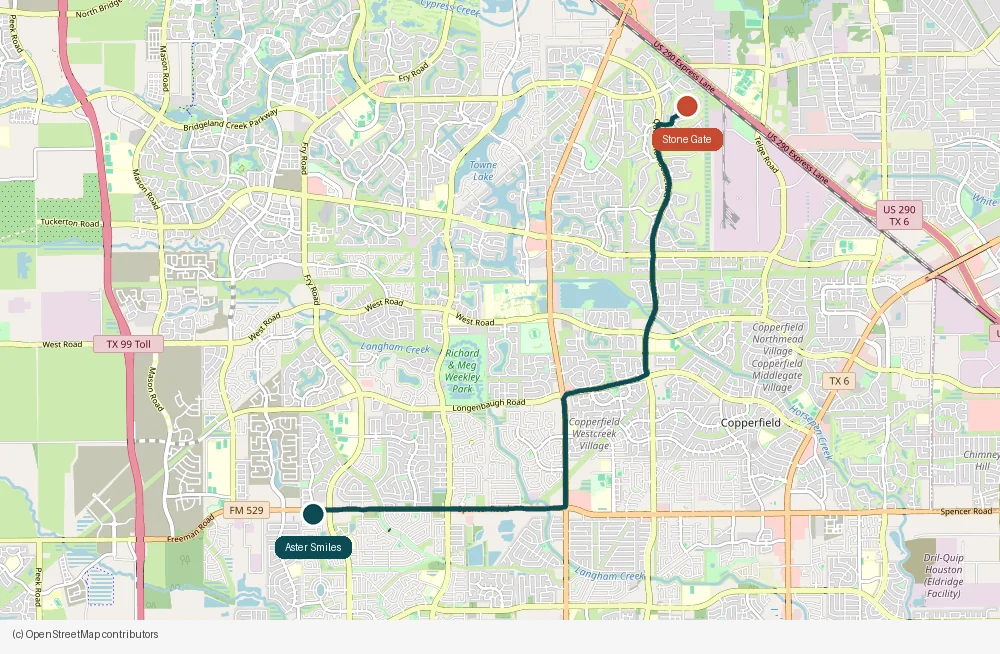 Map of the drive from Stone Gate to Aster Smiles in Cypress, TX