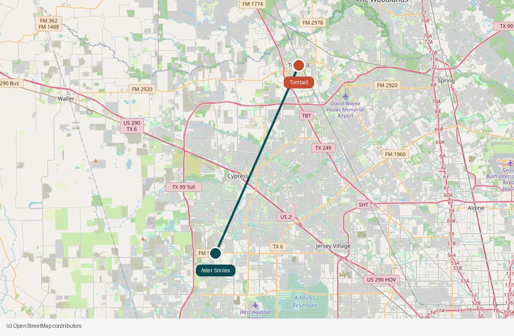 Map of the drive from Tomball to Aster Smiles in Cypress, TX